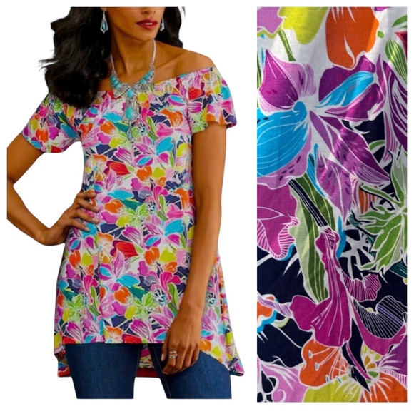 Midnight Velvet Tops - Midnight Velvet Tropical Floral High Low Tunic Casual Office Casual Knit Top